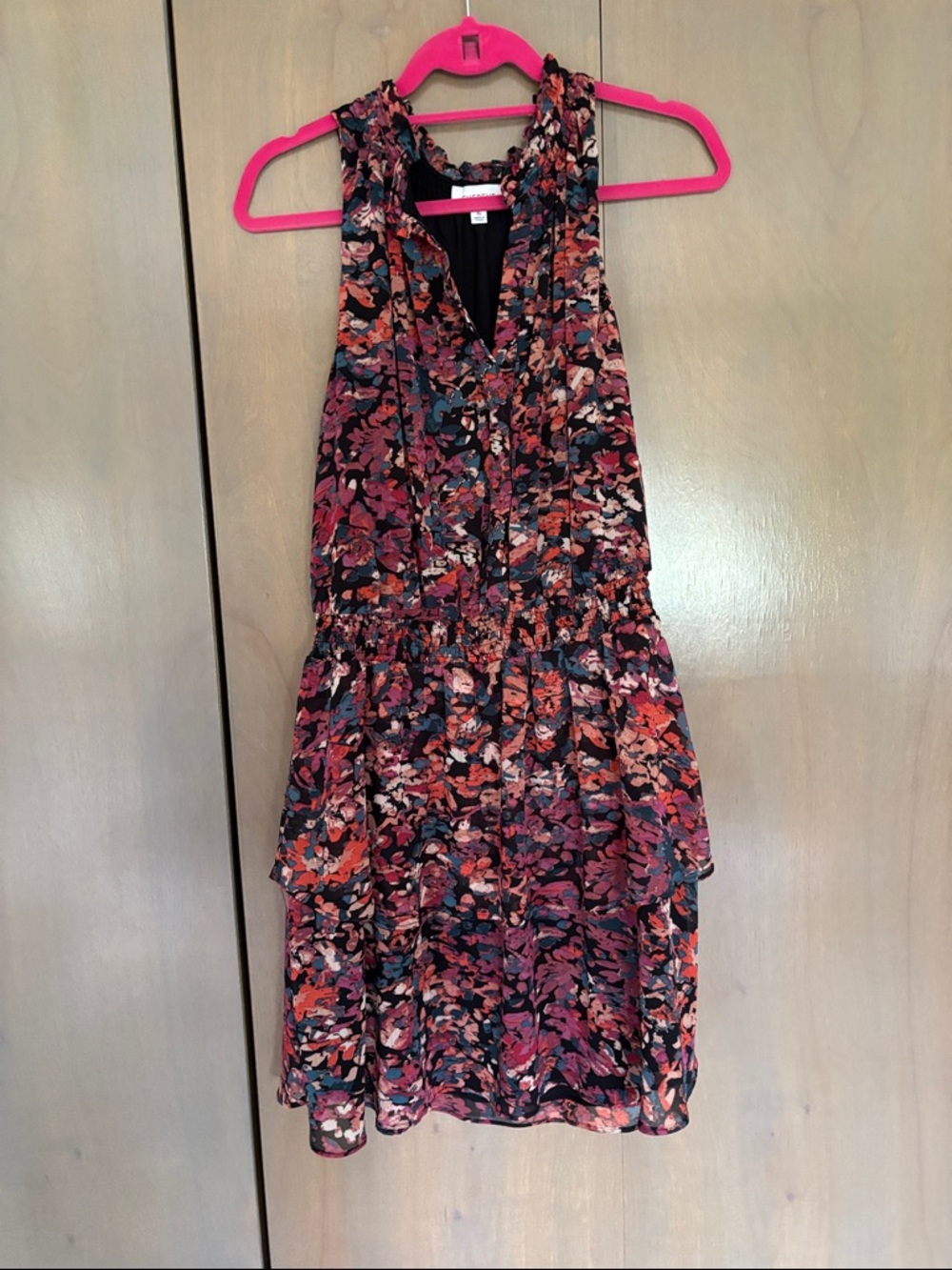 Evereve Multicolor Floral Ruffled Neck Dress with Pink Accent
